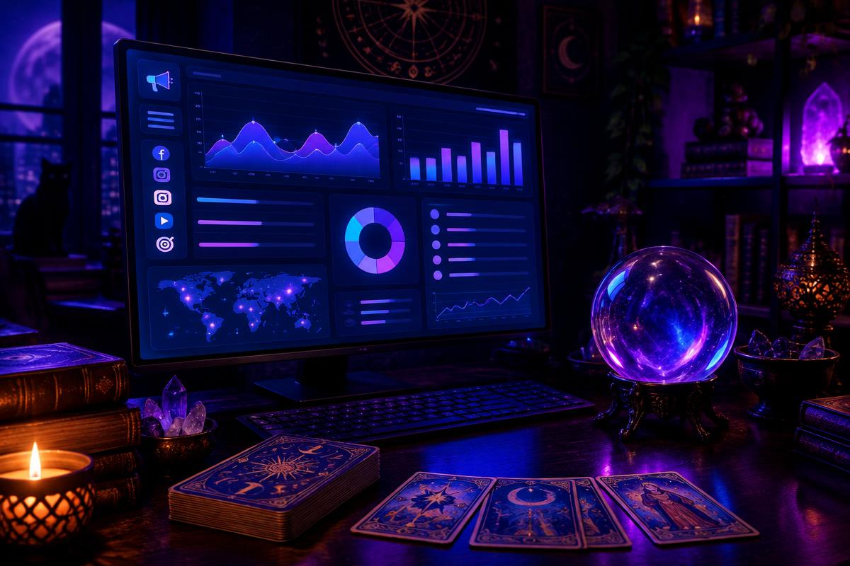 Panel de analítica publicitaria junto a una bola de cristal y cartas de tarot