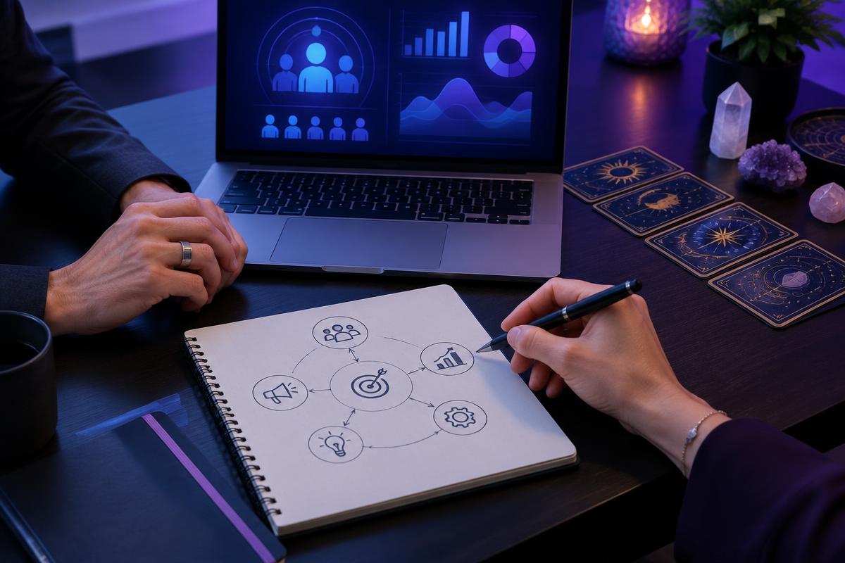 Imagen conceptual de una sesión de estrategia de marketing con cartas de tarot