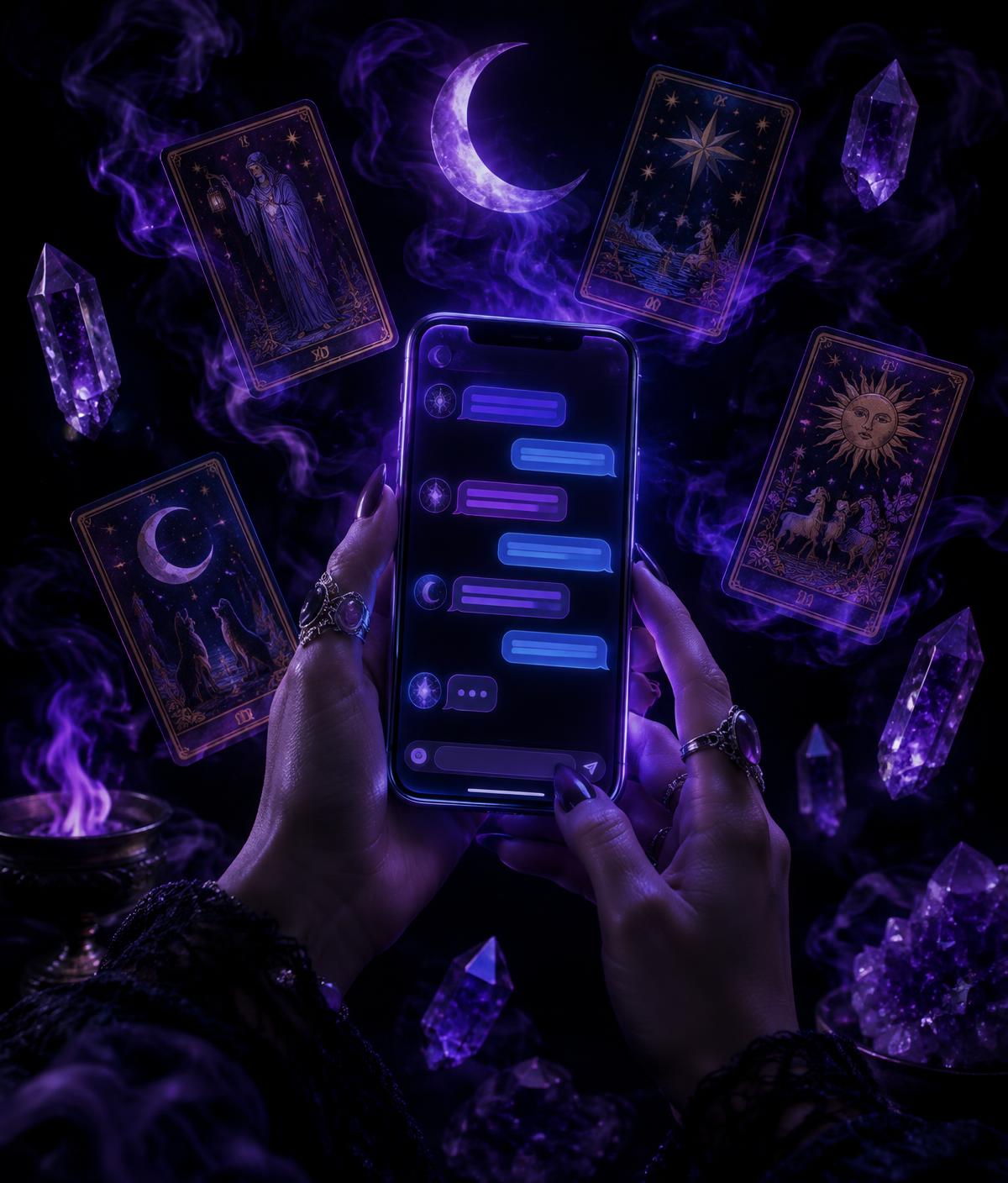 Manos sosteniendo un teléfono con un chat rodeado de cartas de tarot y cristales