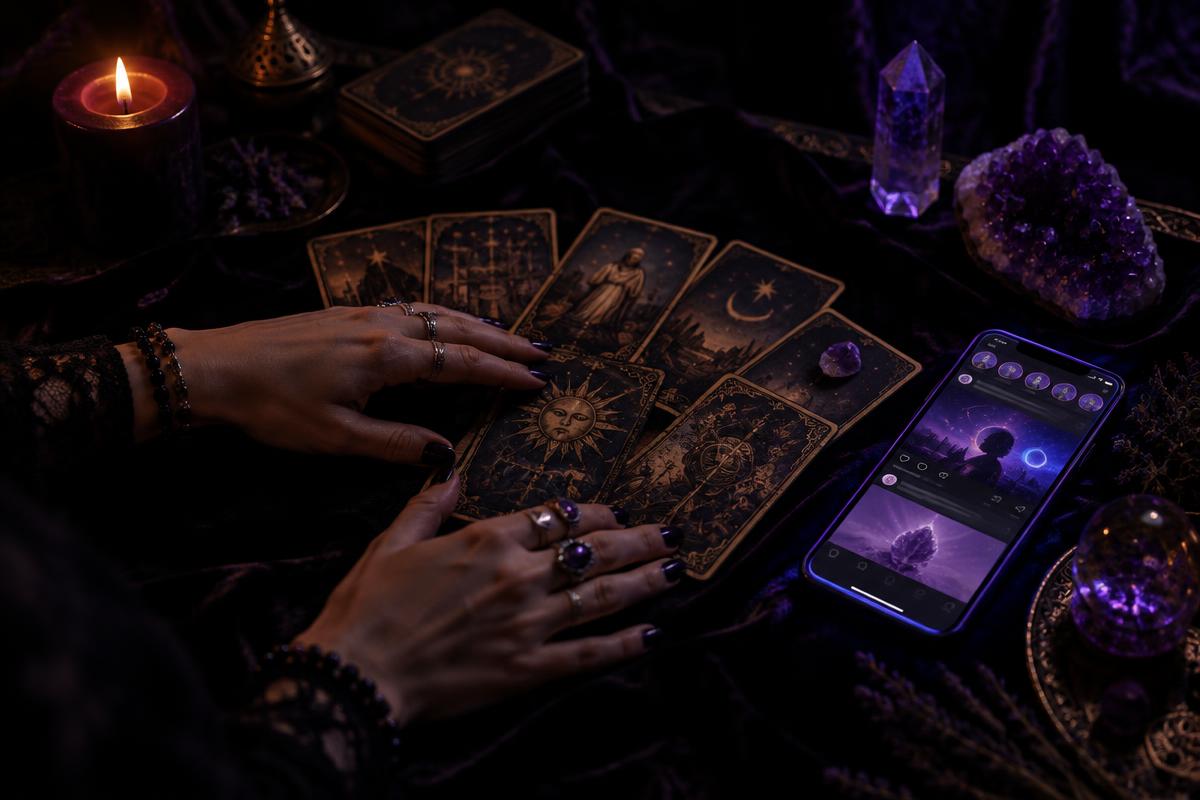 Lectura de tarot junto a publicidad en móvil, esencia del marketing esotérico