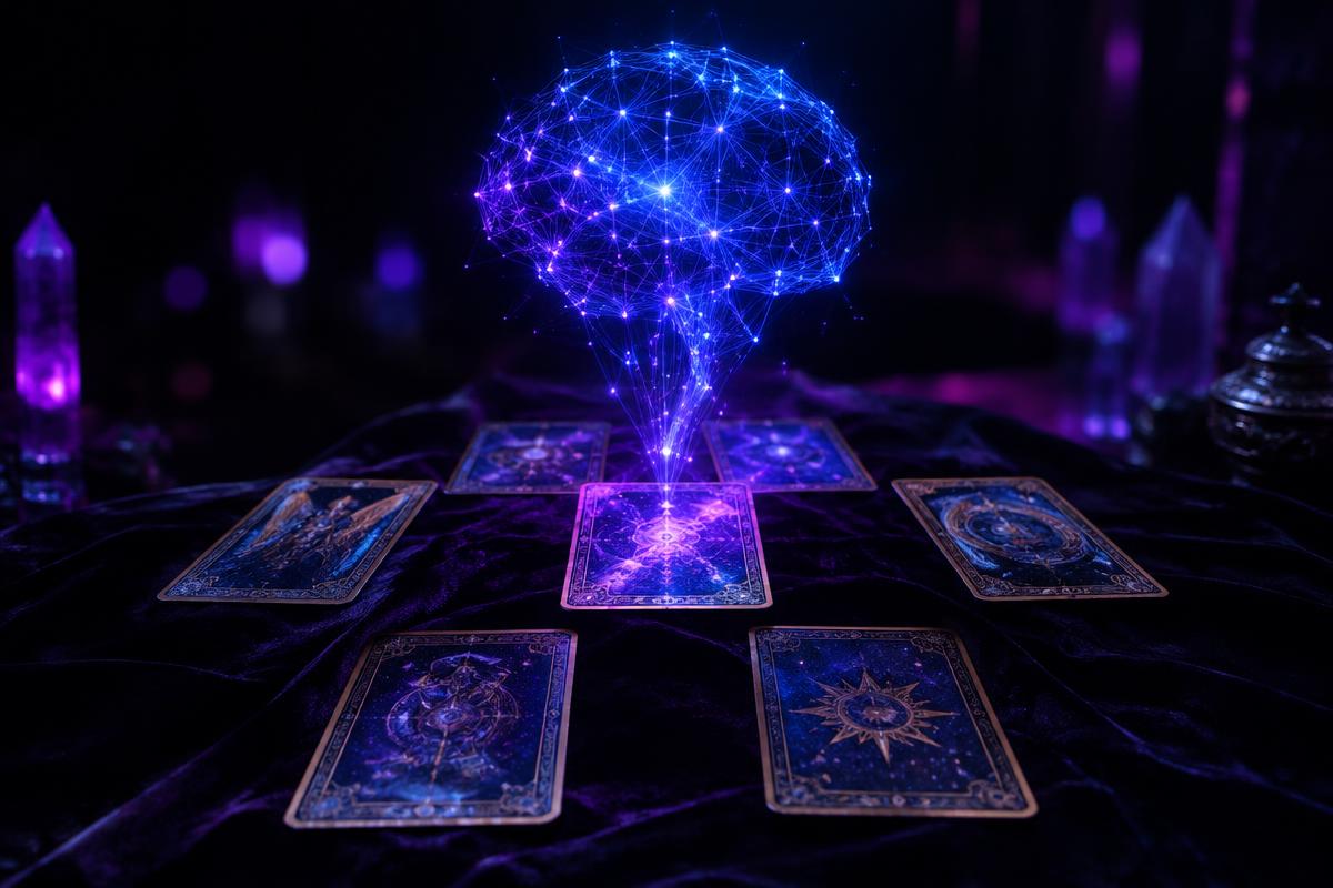 Red neuronal holográfica sobre una tirada de tarot