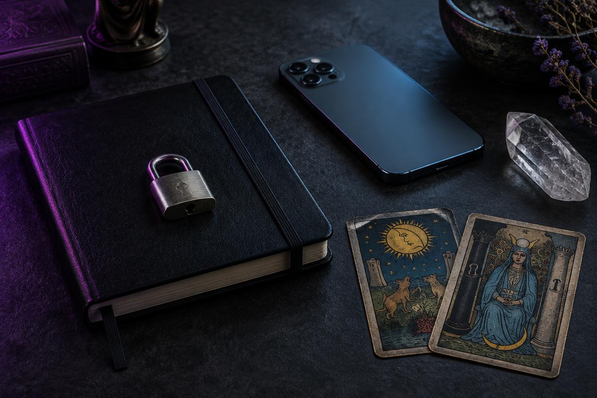 Libreta cerrada con un candado junto a un teléfono, cuarzo y cartas de tarot