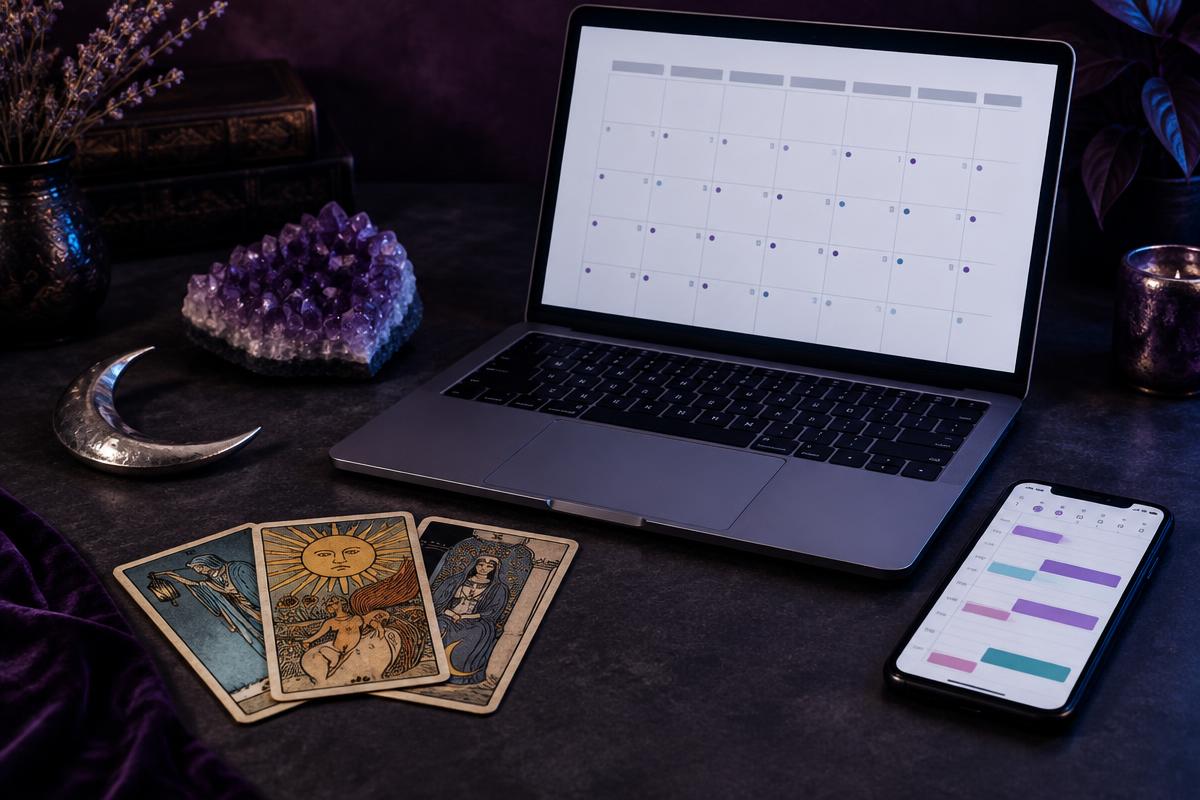 Calendario digital en una laptop y un teléfono junto a cartas de tarot y una amatista