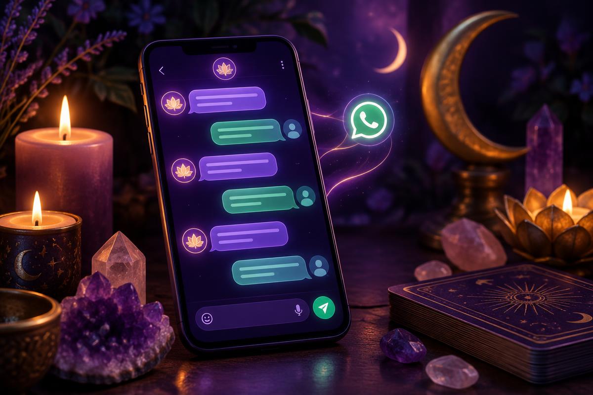Teléfono con conversación de chat junto a velas y cristales